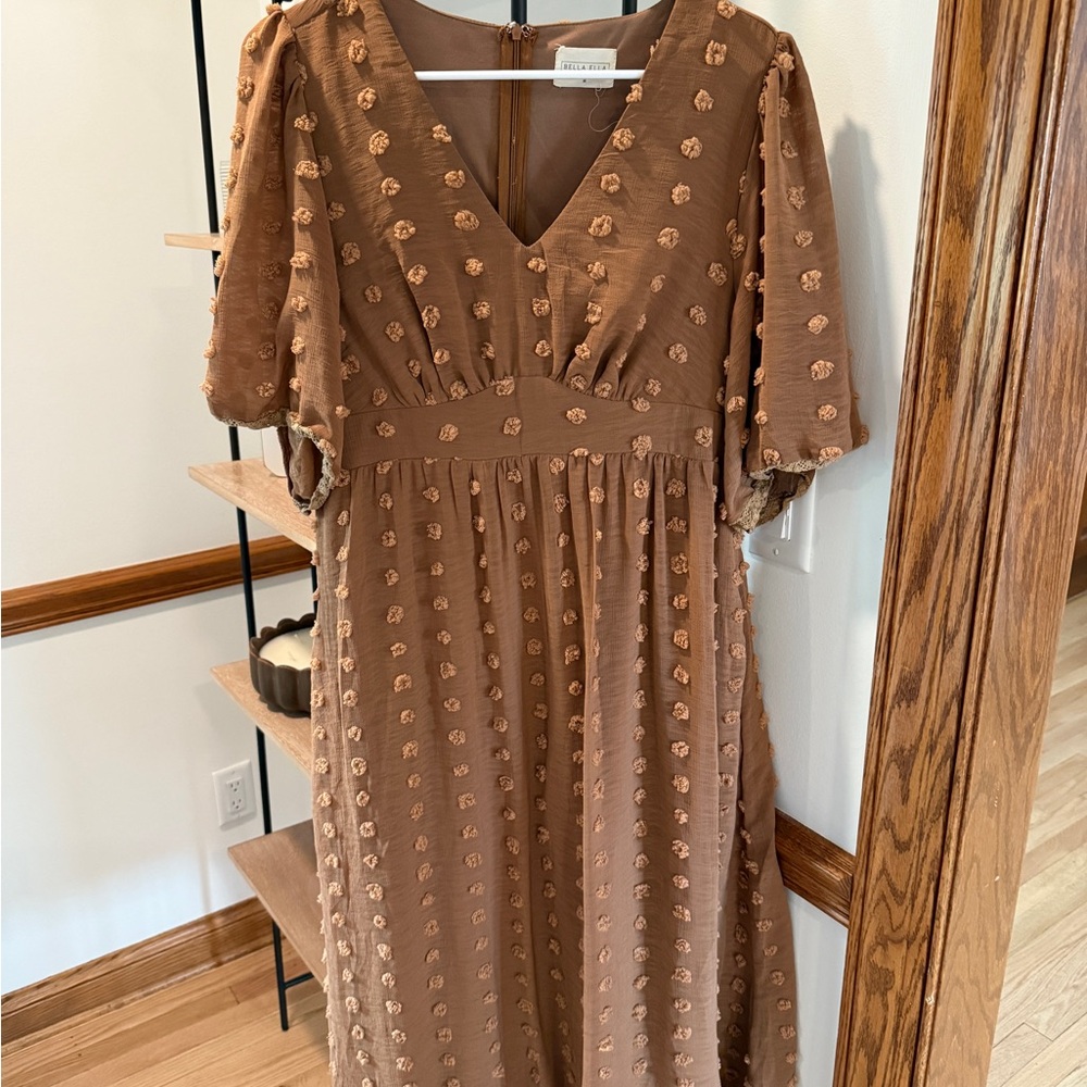 Elegant Brown Midi Dress with Embroidered Details